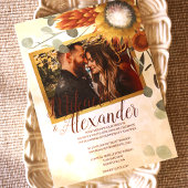 秋のゴールド、ブロンズ、セージグリーンのプロテアの結婚式 招待状