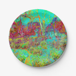 秋のサイケデリック金ゴールドとアクアガーデンランドスケープ ペーパープレート