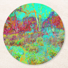 秋のサイケデリック金ゴールドとアクアガーデンランドスケープ ラウンドペーパーコースター
