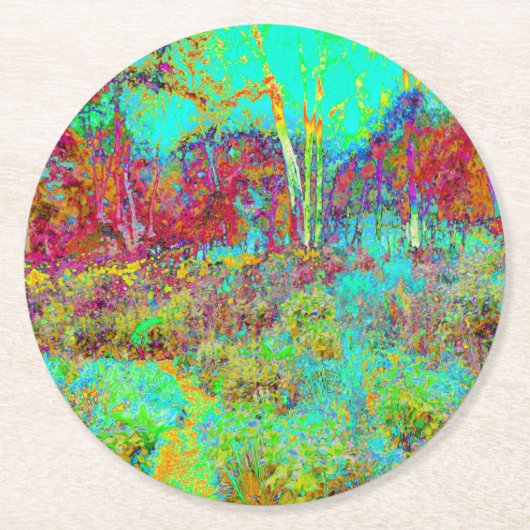秋のサイケデリック金ゴールドとアクアガーデンランドスケープ ラウンドペーパーコースター (正面)