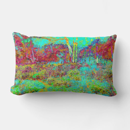 秋のサイケデリック金ゴールドとアクアガーデンランドスケープ ランバークッション (正面)
