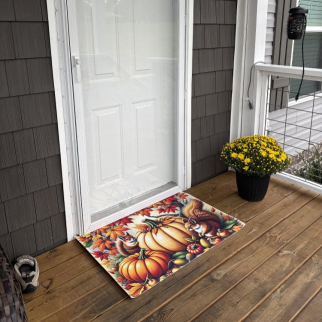 秋のシーンのリスとカボチャ ドアマット (A client sent me a photo of her new doormat. She loved it!)