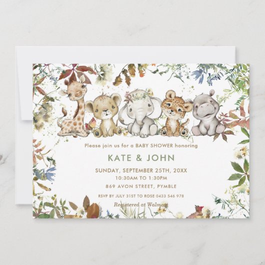秋のジャングル動物の赤ちゃん男女兼用シャワー 招待状 (正面)
