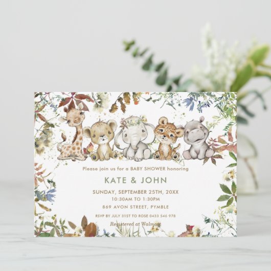 秋のジャングル動物の赤ちゃん男女兼用シャワー 招待状 (スタンド正面)