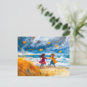 秋のストーミービーチと犬の水色絵を描の シーズンポストカード (スタンド正面)