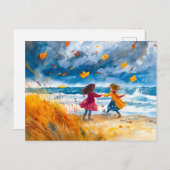 秋のストーミービーチと犬の水色絵を描の シーズンポストカード (正面/裏面)
