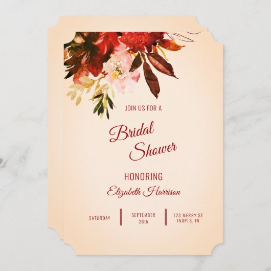 秋のスプレンダーフローラアイボリーブライダルシャワー 招待状 (正面/裏面)