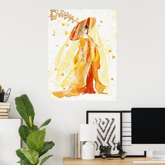 秋のセレニティ日本の:芸者の水彩画 ポスター (ホームオフィス)
