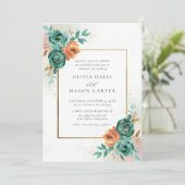 秋のターコイズ バーン オレンジ ボタニカル フレーム ウェディング 招待状 (スタンド正面)