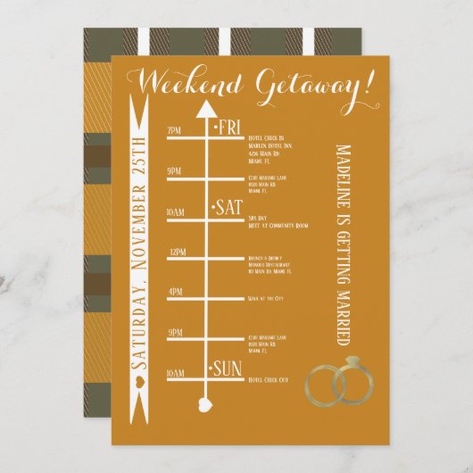 秋のチェック柄独身最後の週末旅行の予定 招待状 (正面/裏面)