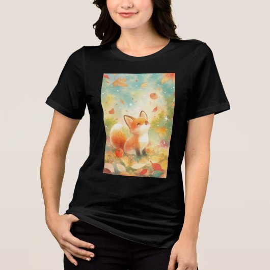 秋のチャームに包まれた狐 トライブレンドTシャツ (正面)