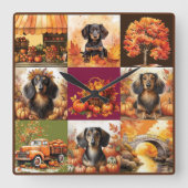 秋のチャーム：ダックスフントと秋シーン スクエア壁時計 (正面)