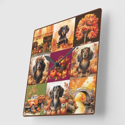 秋のチャーム：ダックスフントと秋シーン スクエア壁時計 (傾斜)