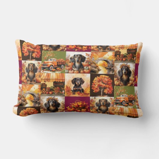 秋のチャーム：ダックスフントと秋シーン ランバークッション (正面)