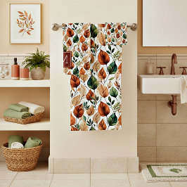 秋のテラコッタとセージの葉の模様のモノグラム バスタオルセット