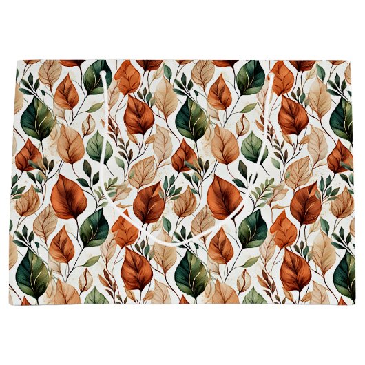 秋のテラコッタとセージの葉の模様 ラージペーパーバッグ (正面)