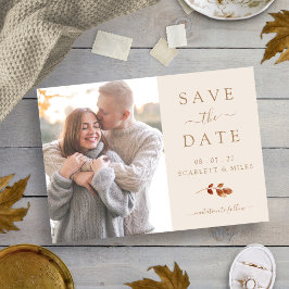 秋のテラコッタの葉の写真付き結婚式お知らせカード セーブザデート