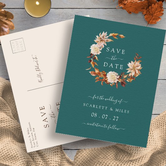 秋のテラコッタリース結婚式のSave the Datesカード 案内ポストカード