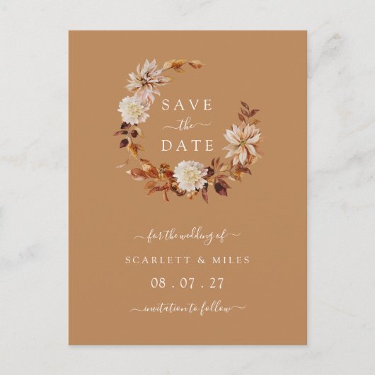 秋のテラコッタリース結婚式のSave the Dates 案内ポストカード (正面)