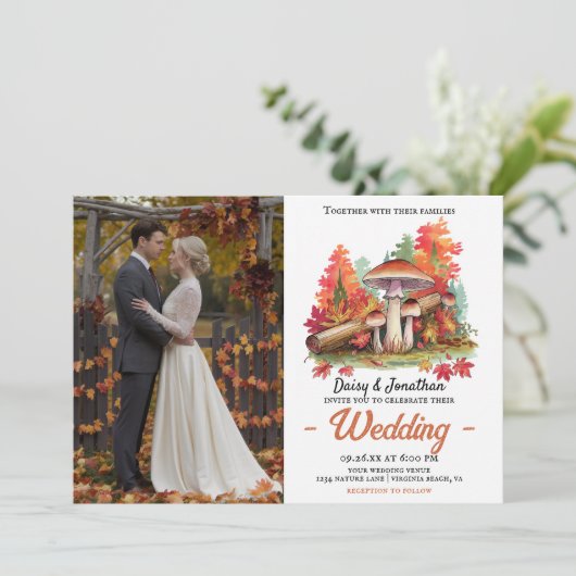 秋のテーマとキノコの結婚水色 招待状 (スタンド正面)