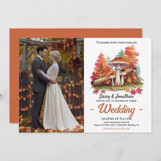 秋のテーマとキノコの結婚水色 招待状 (正面/裏面)