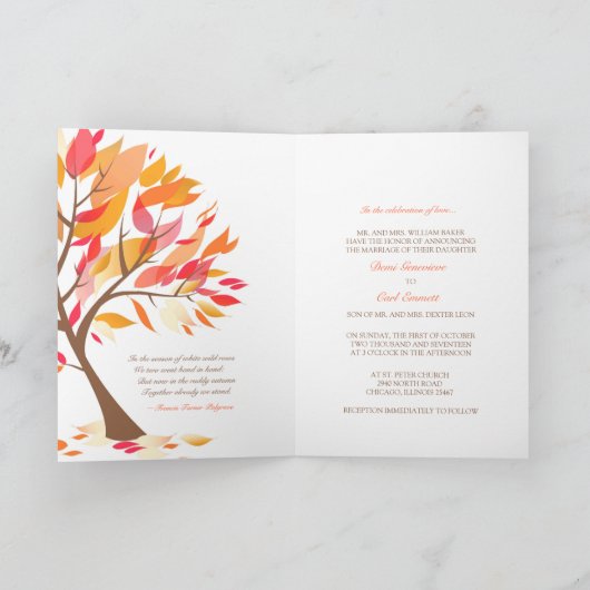 秋のテーマの木によって折られる結婚式招待状 招待状 (内部)