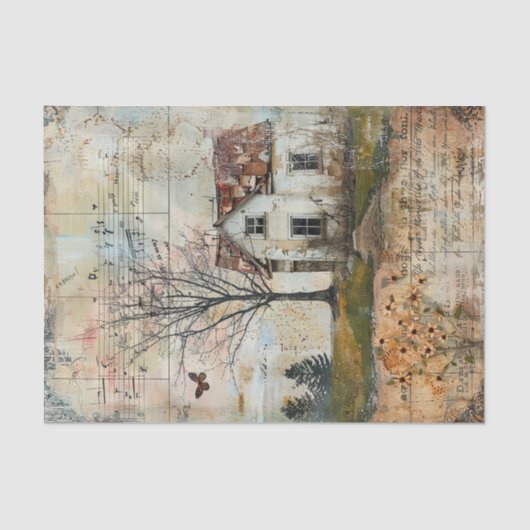 秋のデコパージュの古い農家 薄葉紙 (正面)