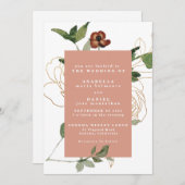 秋のトレンディー花模様ブルゴーニュ赤面結婚金ゴールド 招待状 (正面/裏面)