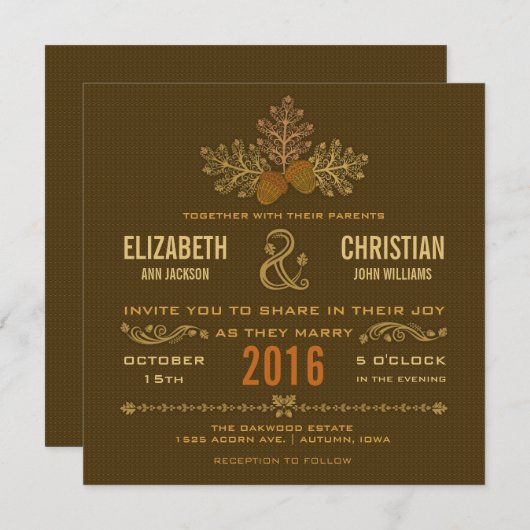 秋のドングリおよびカシの葉の結婚式招待状 招待状 (正面/裏面)