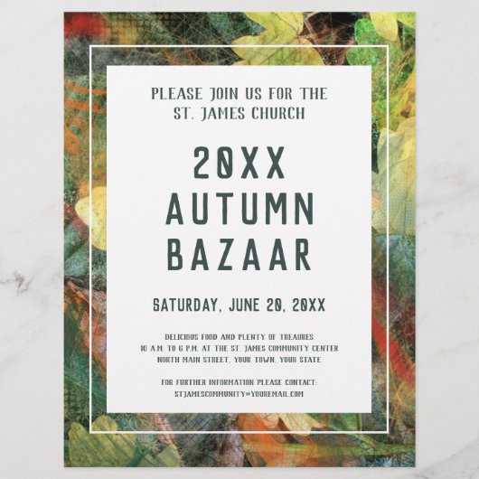 秋のバザールスクールまたはコミュニティイベントグリーンリーフ チラシ (正面)