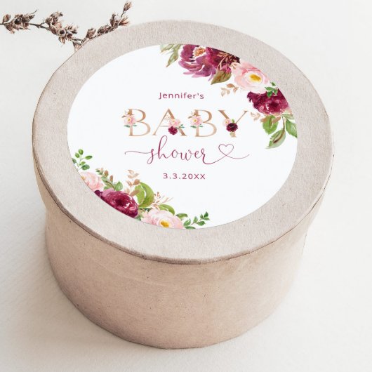 秋のバーガンディゴールドの花のベビーシャワー ラウンドシール