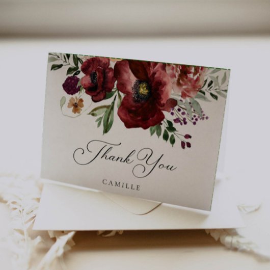 秋のバーガンディーフラワーフォールドサンキューレター サンキューカード