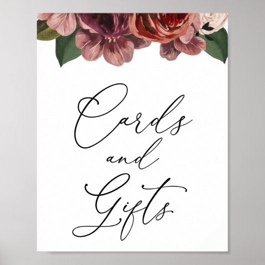 秋のバーガンディーフラワーレターカードとギフトサイン ポスター (正面)
