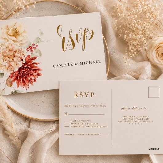 秋のバーガンディー 結婚式 RSVP ポストカード