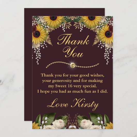 秋のバーガンディ秋フラワーズフローズスイート16 サンキューカード (正面/裏面)