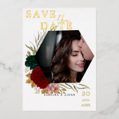 秋のバーガンディ・エメラルド・フラワーフォト 箔招待状 (正面)