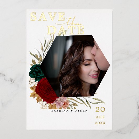 秋のバーガンディ・エメラルド・フラワーフォト 箔招待状 (正面)