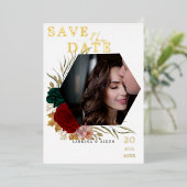 秋のバーガンディ・エメラルド・フラワーフォト 箔招待状 (立ち正面)