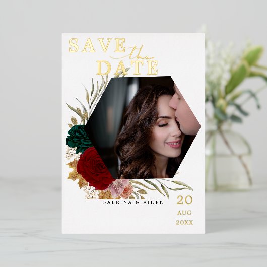 秋のバーガンディ・エメラルド・フラワーフォト 箔招待状 (立ち正面)