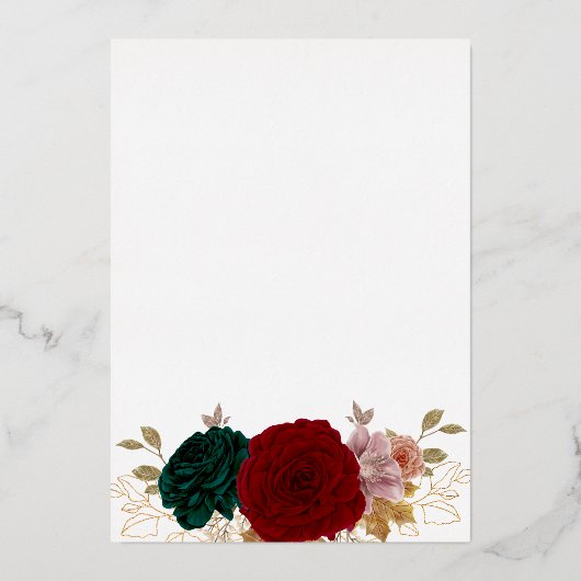 秋のバーガンディ・エメラルド・フラワーフォト 箔招待状 (裏面)