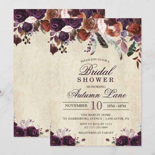 秋のバーガンディ ダーク フローラル ブライダル シャワー 招待状 (正面/裏面)