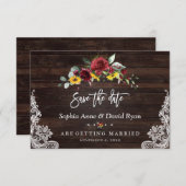 秋のバーガンディ フローラル ひまわり 木製レース ウェディング セーブザデート (正面/裏面)