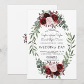 秋のバーガンディ マサラ フローラル リース ウェディング 招待状 (正面/裏面)