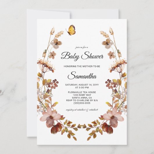 秋のバーガンディ ワイルドフラワーズ ベビーシャワー 招待状 (正面)