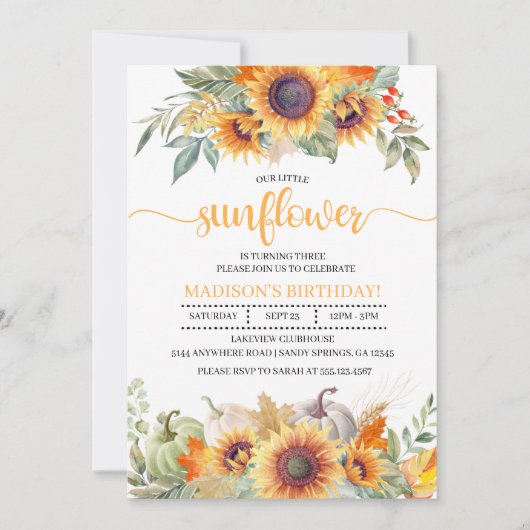 秋のヒマワリの子供の誕生日の招待状 招待状 (正面)