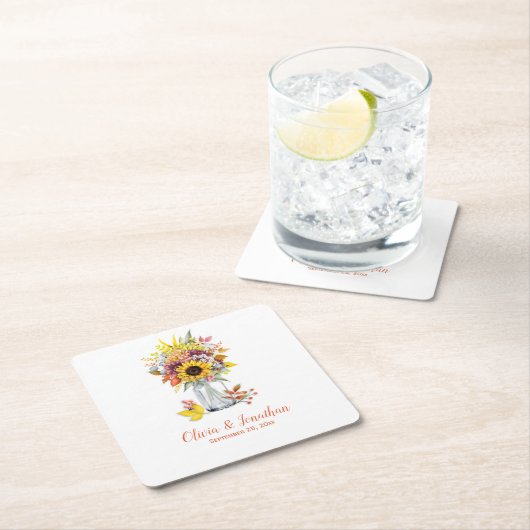 秋のヒマワリフローラメイスン結婚ズ スクエアペーパーコースター (インサイチュ)