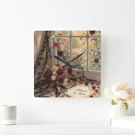 秋のビクトリアンウインドレースのカーテンバラアート スクエア壁時計 (ホーム)