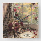 秋のビクトリアンウインドレースのカーテンバラアート スクエア壁時計 (正面)