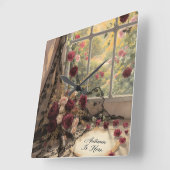 秋のビクトリアンウインドレースのカーテンバラアート スクエア壁時計 (傾斜)