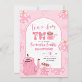 秋のピンクお洒落レトロティーガール2nd誕生日 招待状 (正面)
